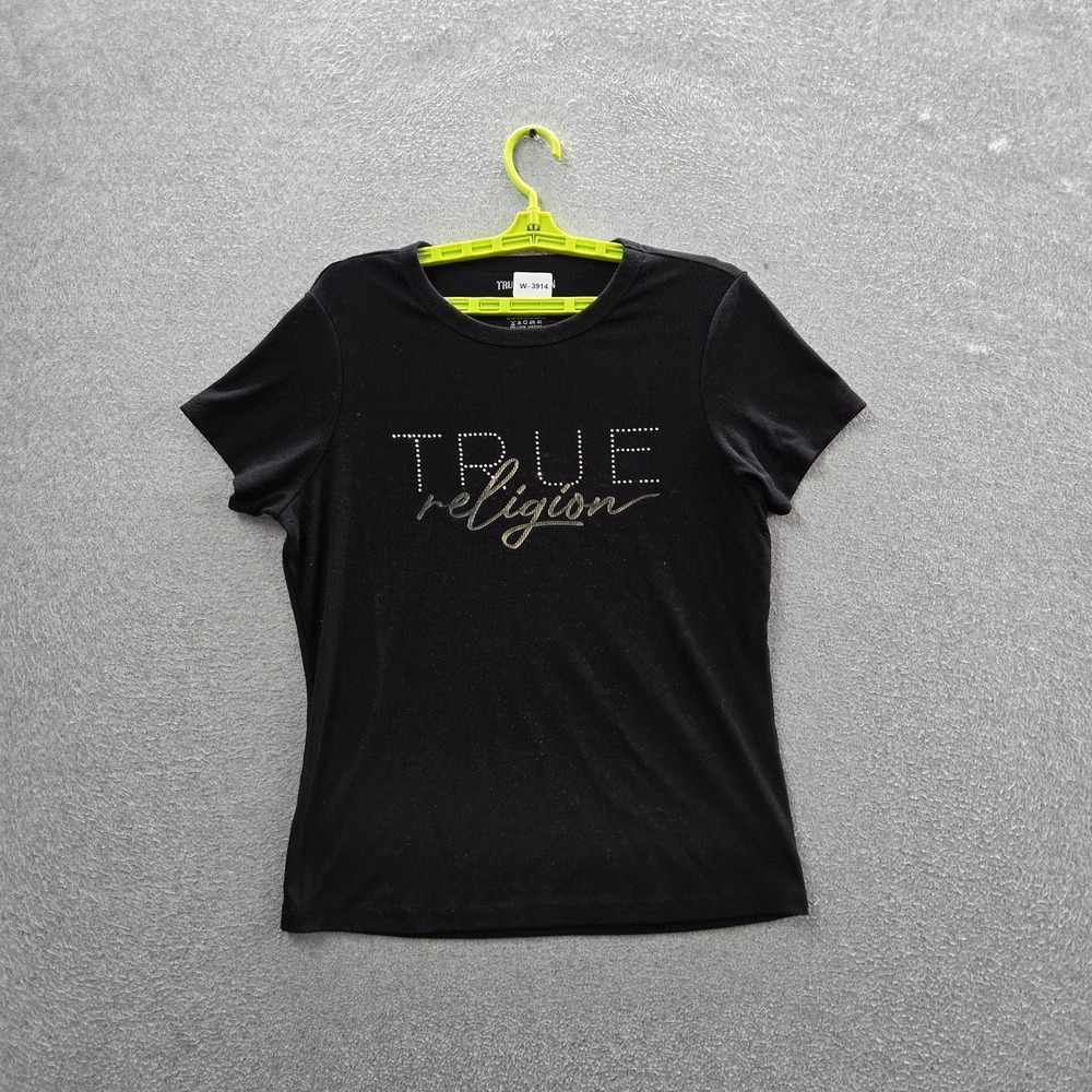True Religion Women Shirt XL Black Rhinestone Crew Neck Pullover